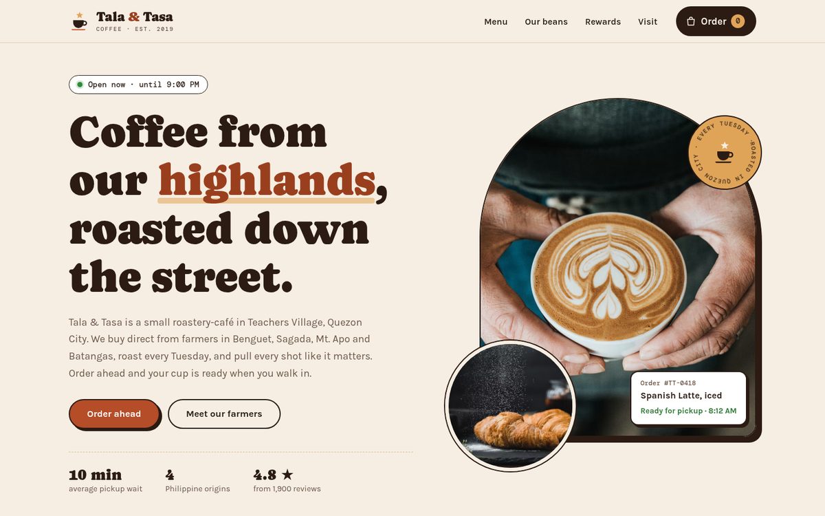 Tala and Tasa Coffee homepage on desktop: a cream and espresso design with a big chunky headline and a latte-art photo in an arched frame