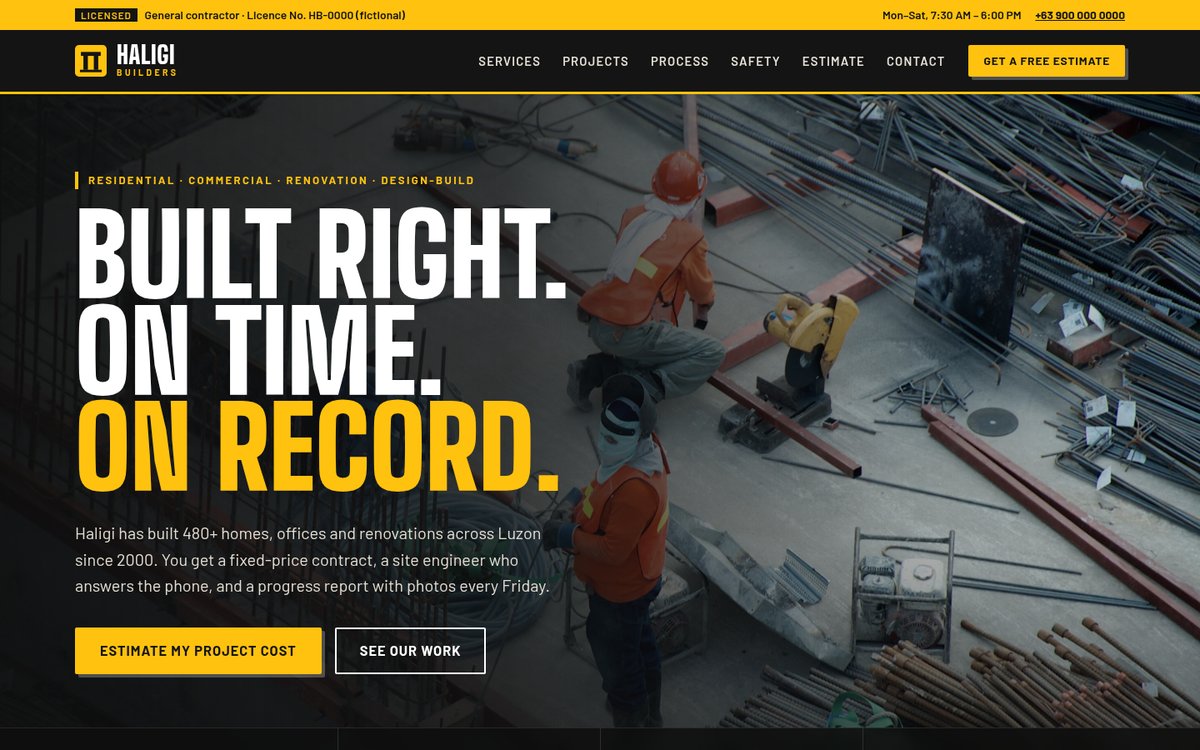 Haligi Builders homepage on desktop: huge white and yellow condensed headline over a dark photo of workers on a construction site