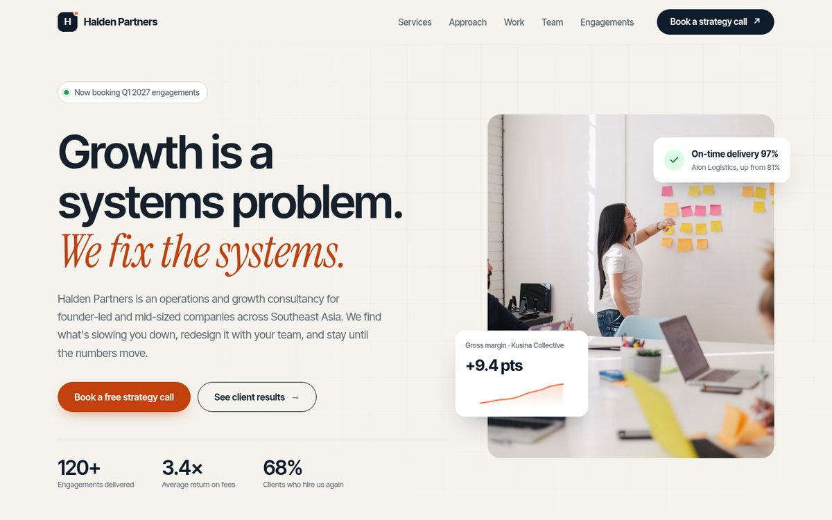 Halden Partners homepage on desktop: an editorial navy and vermilion consulting site with metric cards