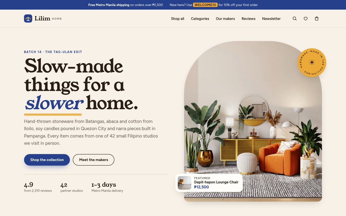 Lilim Home store on desktop: a warm cream and indigo shop with an arched photo of a styled living room