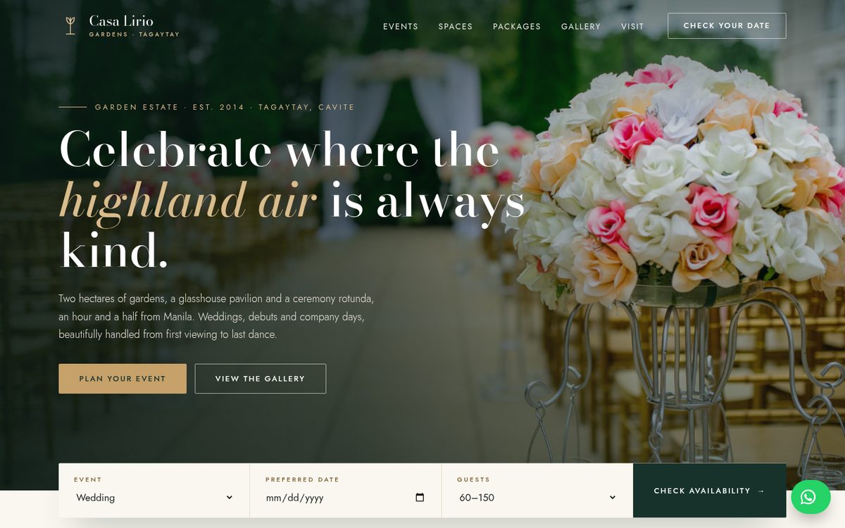 Casa Lirio Gardens homepage on desktop: an elegant emerald and gold venue site with a garden wedding photo