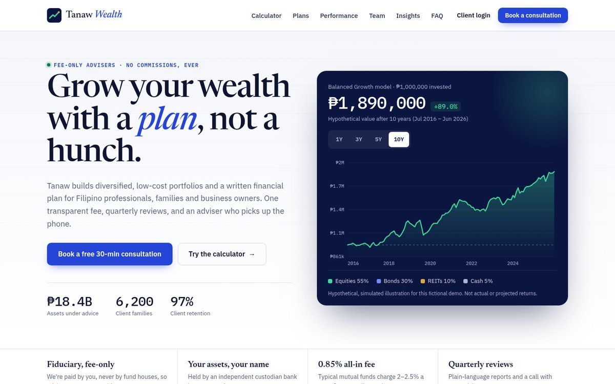 Tanaw Wealth homepage on desktop: a clean white and navy layout with a dark card showing a green portfolio growth chart