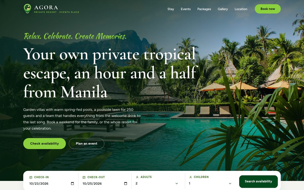 AGORA Private Resort homepage on desktop: a tropical pool and palm trees behind a serif headline and an availability search bar