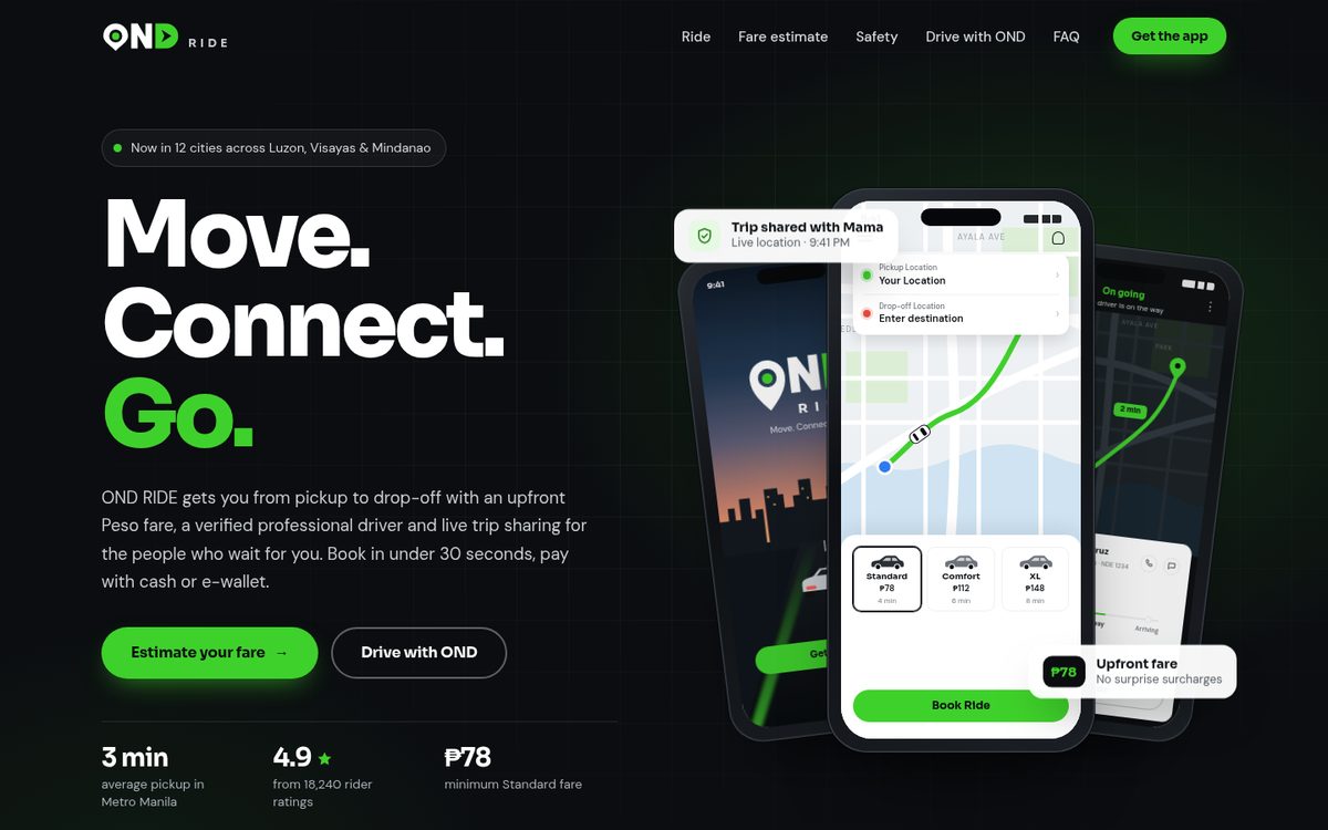 OND RIDE homepage on desktop: a black night-mode design with a green headline and three phone mockups of the app
