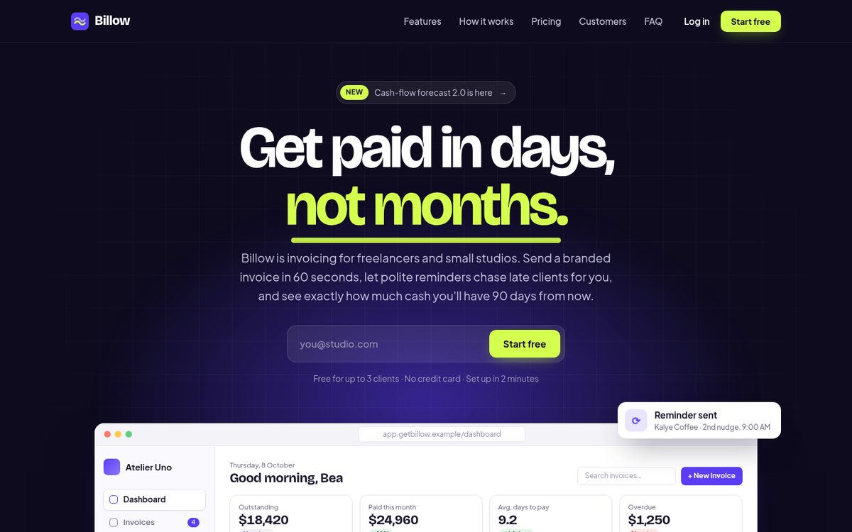 Billow landing page on desktop: a dark violet hero with a lime headline and an invoicing dashboard mockup