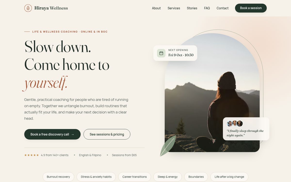 Hiraya Wellness homepage on desktop: calm cream and sage design with a portrait of the coach