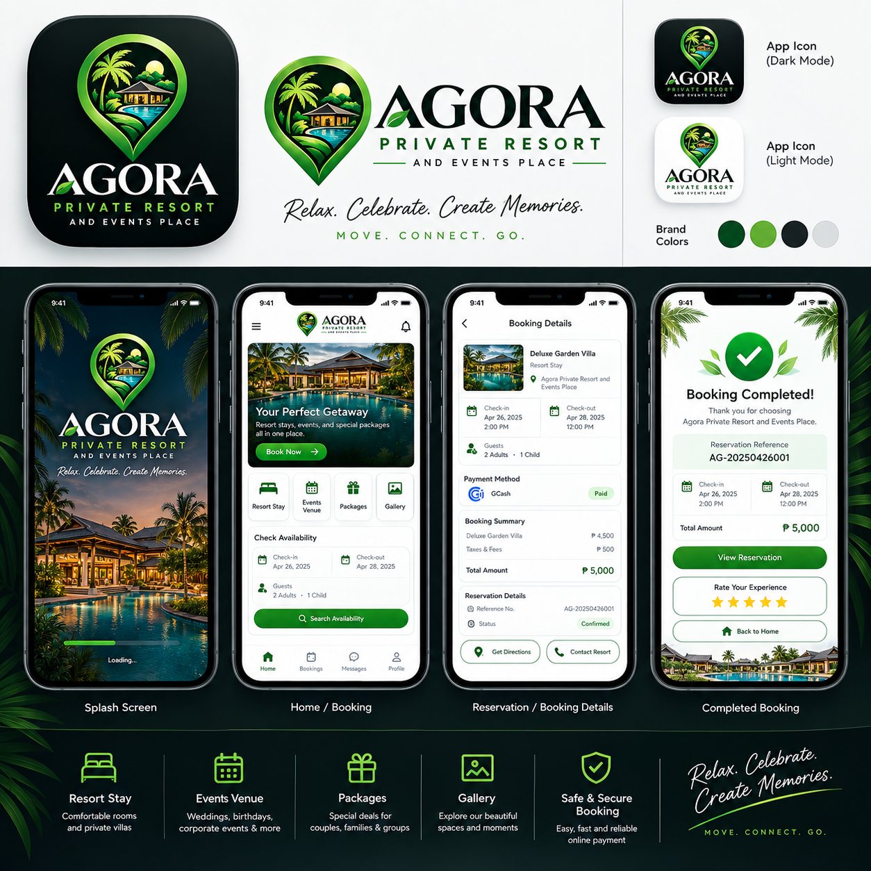 AGORA concept board: dark and light app icons, the AGORA Private Resort and Events Place logo with the script tagline Relax. Celebrate. Create Memories., brand colours, and four phone screens: splash, home and booking, reservation details, and booking completed